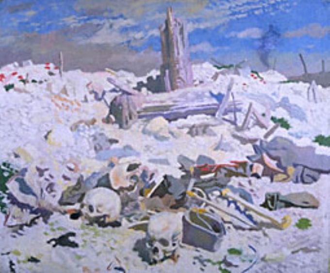 During the summer of 1916, a fierce 
      battle took place between the Germans and the British at Thiepval in the 
      Somme and the surrounding region. A few months later, Orpen returned to 
      the scene of the battle to find the stones littered with skulls, bones and 
      fragments of clothing. Typically, Orpen refused to choose, his eye and his 
      painting enumerate the human remains and broken objects without 
      distinction. The weather is fine, and tufts of grass and poppies, are 
      growing in the chalk ground around the scattered, soon to be forgotten 
      skeletons.